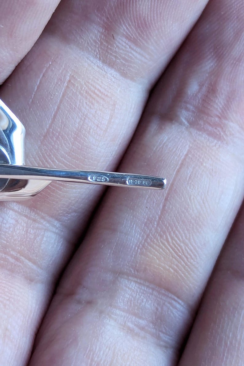 May include: A silver-colored metal earring post featuring two distinct hallmarks stamped into the surface. The first oval stamp contains the number 925, while the second rectangular stamp displays the alphanumeric text 270 FC, indicating the metal purity.
