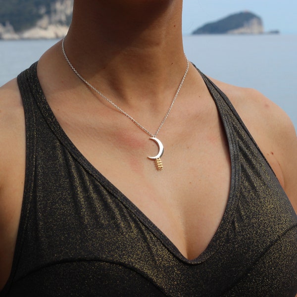 LIMITED EDITION - Sterling silver moon with 18 kt yellow gold ladder - handmade pendant necklace - Calcagnini Gioielli