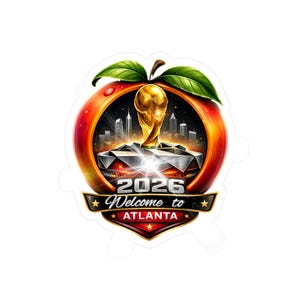 以下が含まれることがあります： 都市景観と金色のトロフィーが描かれた、様式化されたリンゴのステッカー。テキスト「2026 Welcome to ATLANTA」が目立つように表示されています。デザインは赤、金、黒の色を使用しています。