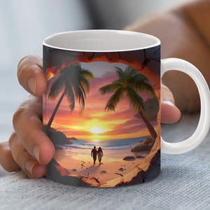 Kunst koppel tropisch strand zonsondergang, serene mokomslag aan de kust, romantische mok met zeezicht, perfect cadeau voor strandliefhebbers