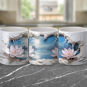 Digitale 3D Kaffeebecher Wraps, 11 Unzen und 15 Unzen Becher PNGs, wunderschöne Lotusblumen Design, Natur inspirierte Becherverpackung, Sofort Download