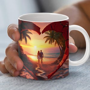 Romantischer Sonnenuntergang Strand Herz Kunstbecher, 11 Unzen und 15 Unzen Kaffeetasse, Strand Paar Liebestasse, Tropical Island Kaffeetasse, Geschenk für Liebhaber