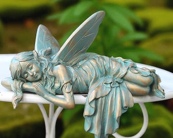 Sleeping Fairy Statue – Lying Down Bronze Garden Figurine Enchanted Outdoor, Whimsical Magical Decor Ornament