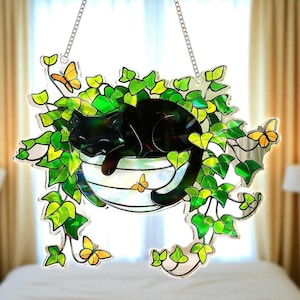 Black Cat Sleeping on Ivy Hologram Window Hanging – Cat Lover Gift, Boho Sun Catcher, Black Cat Decor, Plant & Window Art Ornament Present