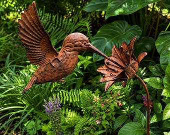 Metal Hummingbird Garden Stake, Rustic Bird Garden Art, Outdoor Yard Decor Ornament