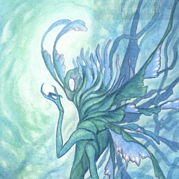 5"x7" Limited Edition archival art print "Bramble Fae" / fantasy, fairy, faerie, nature, creature, animal, watercolor, green cute bug insect