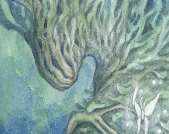 5"x7" Limited Edition archival art print "Waking Dryad" / fantasy, forest, faerie, nature, creature, animal, watercolor, druid, green