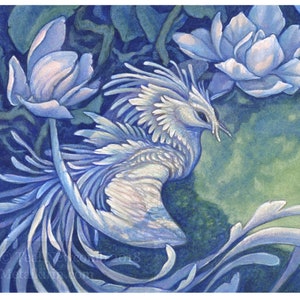 Limited Edition Lustre print "White Petals" 5"x7" / fantasy fine art, cute dragon, flower floral, green blue, watercolor mini print magnolia