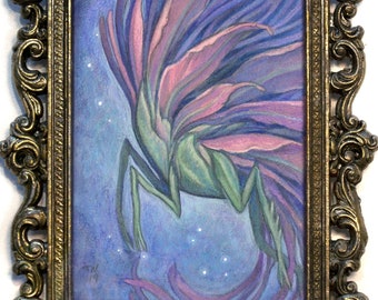 Framed Original Mini Painting "Flower Mimic" faerie miniature art watercolor fantasy nature mythology insect creature fairytale botanical