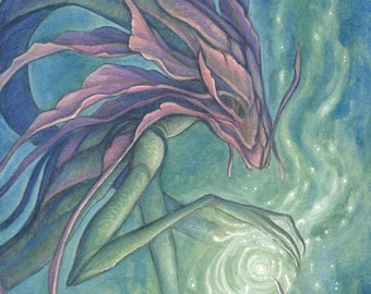8&quot;x10&quot; Limited Edition lustre print &quot;Spell of Spring&quot; / Watercolor, fantasy creature, flower faerie, art, nature magic, green pink fairy