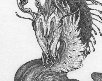 8"x10" Limited Edition archival art print "Extraterrestrial" / scifi art, alien dragon, graphite drawing, monster wall art, creature
