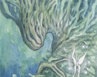 Original ACEO Painting "Waking Dryad" fairy art watercolor surreal nature fantasy green miniature atc sfa creature plant forest spirit