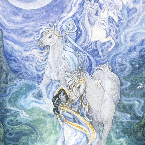 8"x10" Limited Edition archival art print "Moon Door" / faerie portal, fantasy art, science fiction, nature painting, white horses, forest