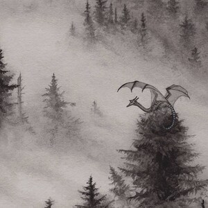 8"x10" Open Edition archival art print "Boreal Dragon" / dragon art, foggy forest, mist nature, grey wall art, pine trees, greyscale