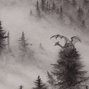 8&quot;x10&quot; Open Edition archival art print &quot;Boreal Dragon&quot; / dragon art, foggy forest, mist nature, grey wall art, pine trees, greyscale