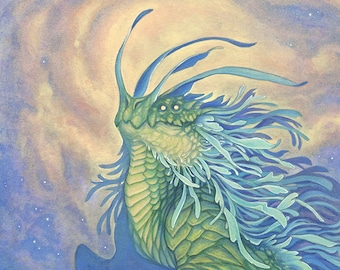 8"x10" Limited Edition archival art print  "Star Flower"  flower dragon fairy fantasy creature sunset watercolor green blue peaceful surreal