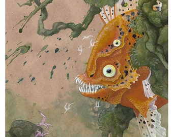 8"x10" Open Edition archival art print "Hide and Seek" surreal fish creature watercolor