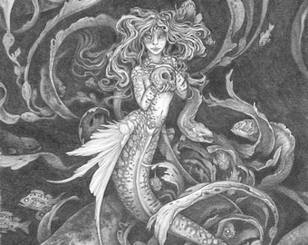 8"x10" archival art print "I will treasure you forever" / fantasy art girl woman mermaid ocean sea life fish shark