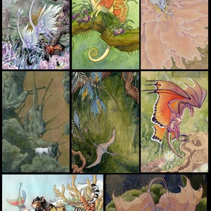 Postcards Set of 14 - fantasy nature watercolor unicorn dragon alien scifi fairy cute faerie flower flora surreal landscape monster creature