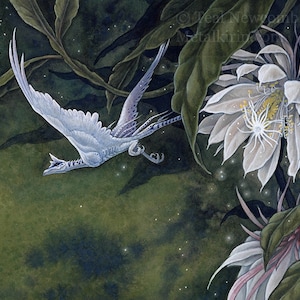 Limited Edition Lustre print "Epiphyllum" 5"x7" / fantasy fine art, white dragon, flower floral, green and white, watercolor mini print