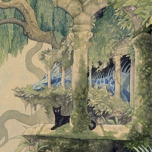 5"x7" Open Edition archival art print  "New Tenants" / dragon castle, black cat, peaceful scenery, tree and ruins, fantasy decor, cute