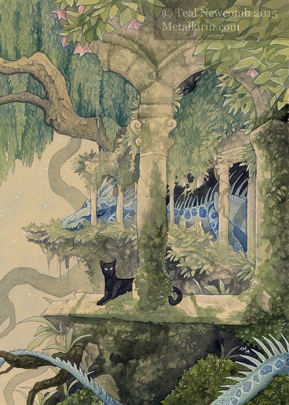 5"x7" Open Edition archival art print  "New Tenants" / dragon castle, black cat, peaceful scenery, tree and ruins, fantasy decor, cute
