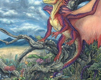 8"x10" Limited Edition archival art print "Oasis King" / red dragon, fantasy creature, watercolor art print, desert flowers, rainbow