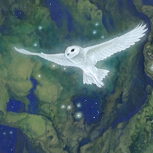 4"x6" glossy fantasy art postcard "Spirit Portal" - surreal bird watercolor owl nature glowing ethereal tree blue green animal creature