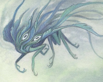 Faerie Forest: Blue Feral Faerie / Original ACEO Painting