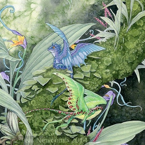 8&quot;x10&quot; Open Edition archival art print &quot;Dwarf Dragons&quot; / nature fantasy, cute frogs, frog dragons, flowers nature, rain forest art, green