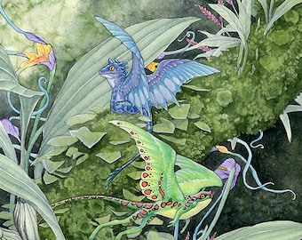 8"x10" Open Edition archival art print "Dwarf Dragons" / nature fantasy, cute frogs, frog dragons, flowers nature, rain forest art, green