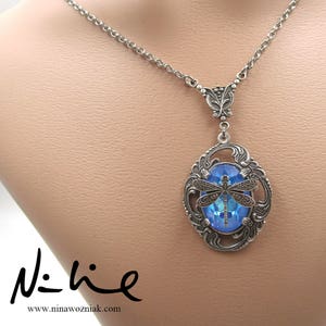 NEW Ultra Blue AB Swarovski Crystal Element Antique Sterling Silver Plated Brass Filigree Dragonfly Pendant Necklace SSNK171 image 3