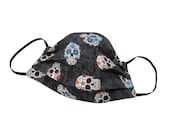 Sugar Skulls - Black - Handmade - Reversible - Washable - Face Cover - Face Touching Guard - For Adults