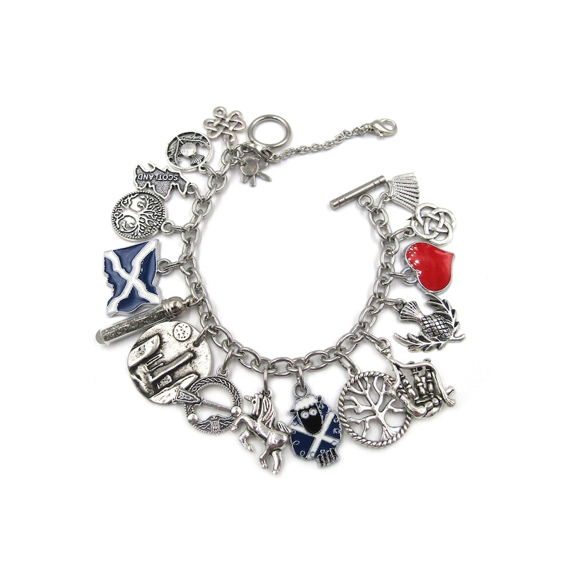 Real Scottish Sand Glass Vial Standing Stones Medallion Multi Dangling Charm Bracelet I Love Scotland