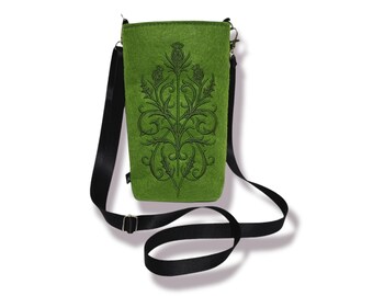NEW Dark Moss Green Baroque Thistles - Embroidered Moss Green Felt - Lightweight - Crossbody Bag - Purse - Cellphone Purse