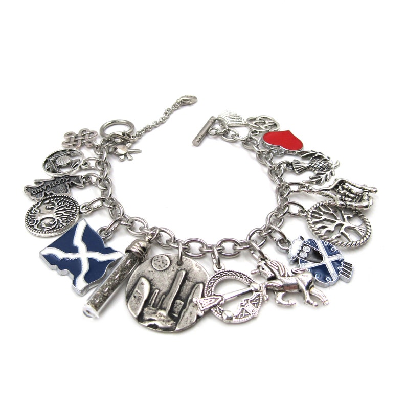 Real Scottish Sand Glass Vial Standing Stones Medallion Multi Dangling Charm Bracelet I Love Scotland