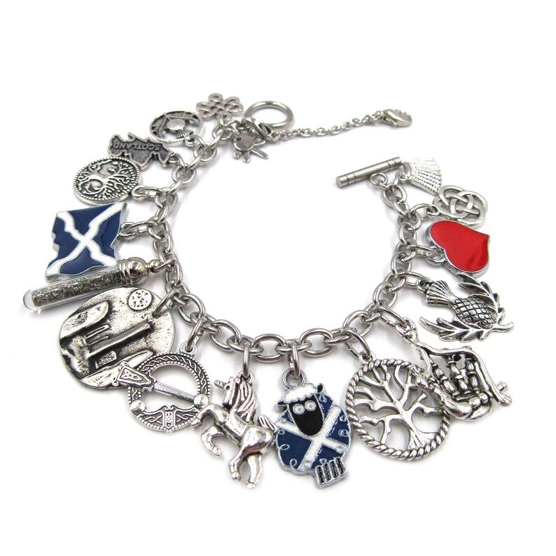 Real Scottish Sand Glass Vial Standing Stones Medallion Multi Dangling Charm Bracelet I Love Scotland