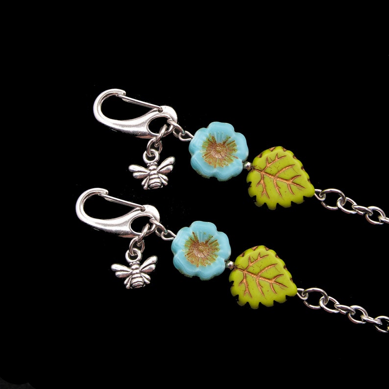 Dangling Bee Mask Holder Aqua Clip On Mask Carrier Stainless Steel Chain Mask Necklace NEW Czech Glass Floral