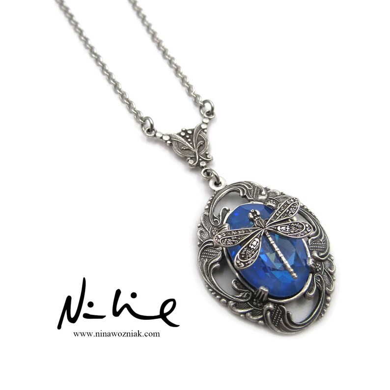 NEW Ultra Blue AB Swarovski Crystal Element Antique Sterling Silver Plated Brass Filigree Dragonfly Pendant Necklace SSNK171 image 1