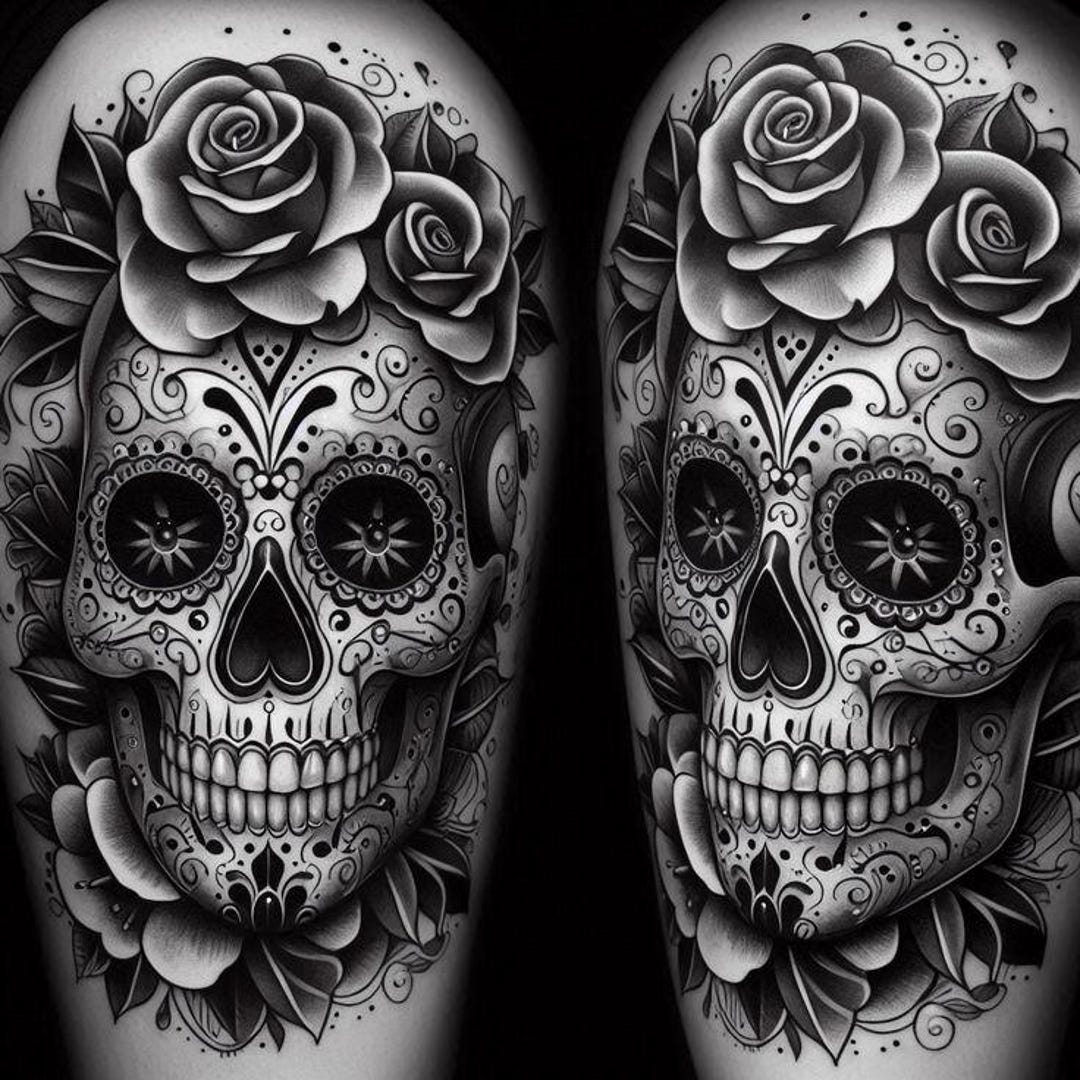 Sugar Skull Rose Tattoo Design – Day of the Dead Black & Grey - Etsy