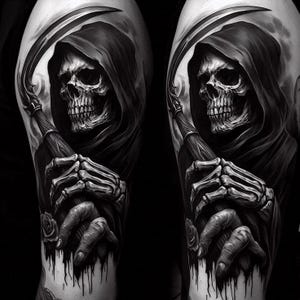 Może przedstawiać: Czarno-biały wzór tatuażu przedstawiający Grim Reapera. Reaper jest przedstawiony z twarzą czaszki, kapturem i szkieletowymi dłońmi trzymającymi kosę. Róże znajdują się u podstawy projektu. Szczegółowa ilustracja.