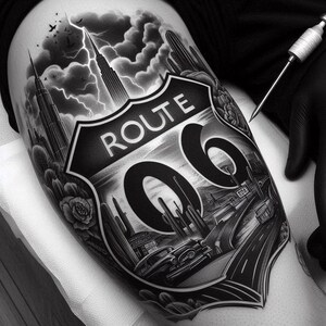 以下が含まれることがあります： 「ROUTE 66」の文字が入ったルート66の標識をあしらった白黒のタトゥーデザイン。道路、クラシックカー、サボテン、建物、雷を伴う嵐の空が描かれています。