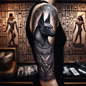 May include: A detailed black and gray tattoo of Anubis, the Egyptian god of the afterlife, on an arm. The tattoo features intricate shading and geometric patterns. The background includes hieroglyphs and ancient Egyptian artwork.