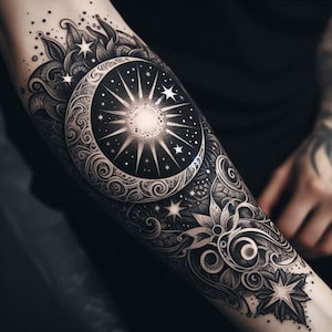 Puede incluir: Diseño de tatuaje detallado en blanco y negro en un brazo. El diseño presenta un sol central dentro de una luna creciente, rodeado de estrellas, elementos florales y patrones de remolinos intrincados. El tema general es celestial y místico.
