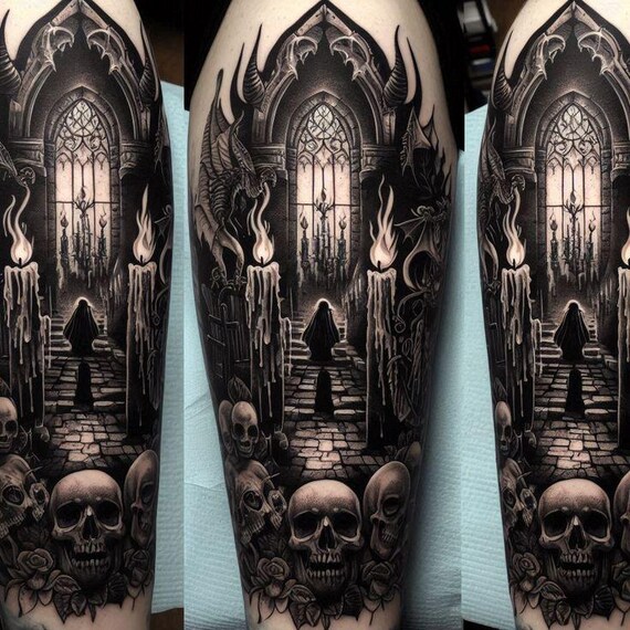 Gothic Church Tattoo Stencil – Dark Cathedral Skull Tattoo Design