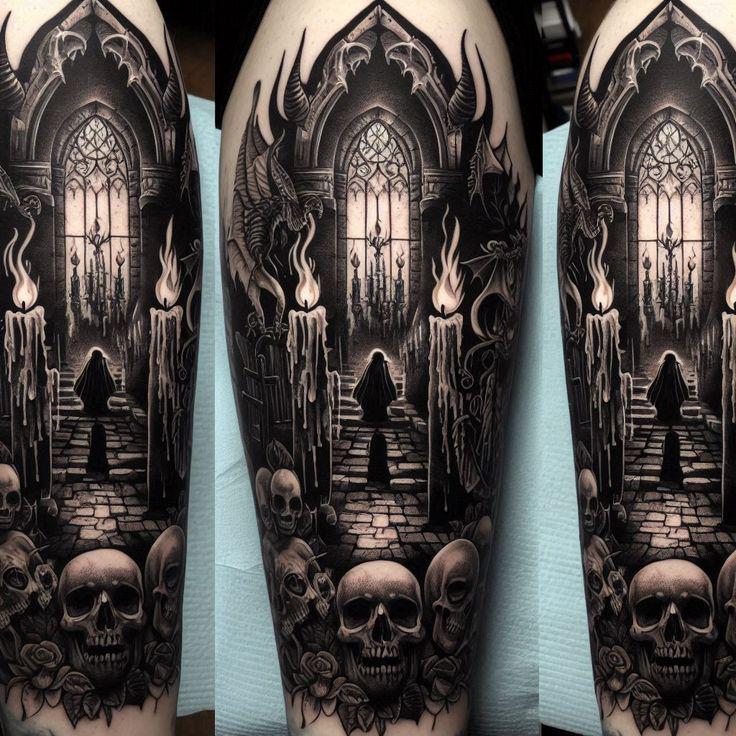 Gothic Church Tattoo Stencil – Dark Cathedral Skull Tattoo Design