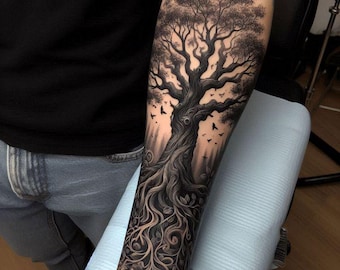 Tree of Life Tattoo Design – Black & Grey Forearm Sleeve – Realistic Nature Stencil