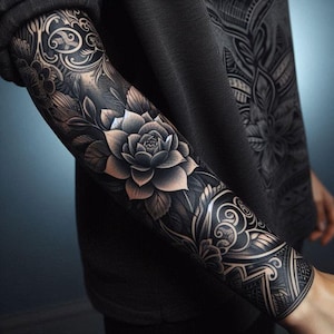 May include: A detailed black and gray floral tattoo design on an arm. The tattoo features a large lotus flower, leaves, and intricate patterns. The arm is partially visible, with a dark gray long-sleeved shirt.