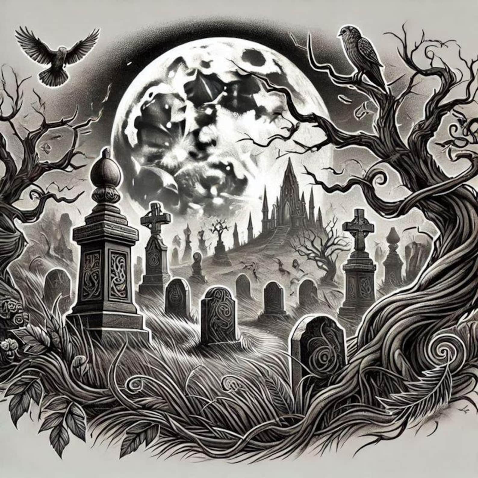 Gothic Graveyard Tattoo – Haunted Cemetery Tattoo Design - Etsy