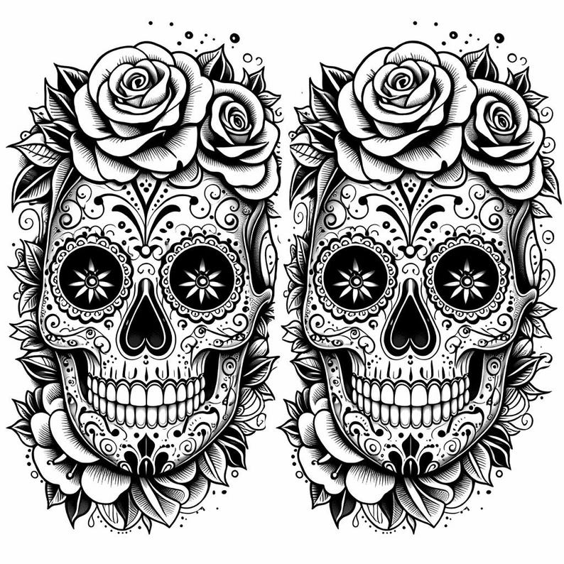 Sugar Skull Rose Tattoo Design – Day of the Dead Black & Grey - Etsy